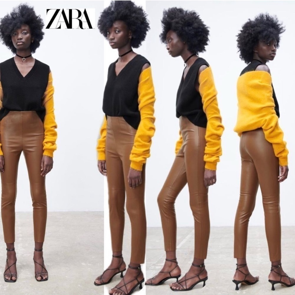 Zara camel brown faux leather high waisted vegan leggings Sz M NWOT